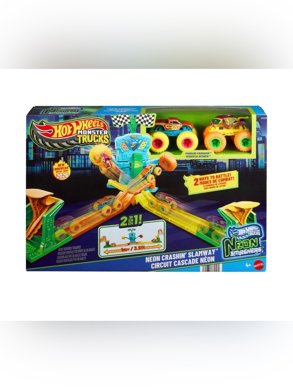 Hot Wheels Neon Crashin' Slamway Monster Trucks Playset - Neon Yellow/Green/Blue